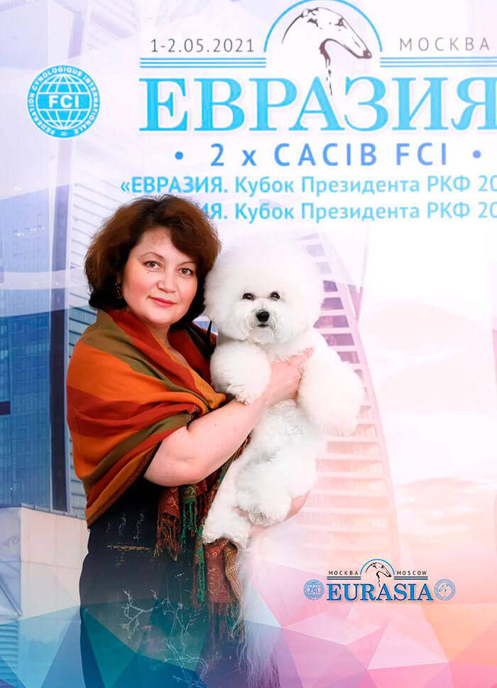 Заводчик Басырова Ильвира с бишон фризе на выставке Евразия 2021 год