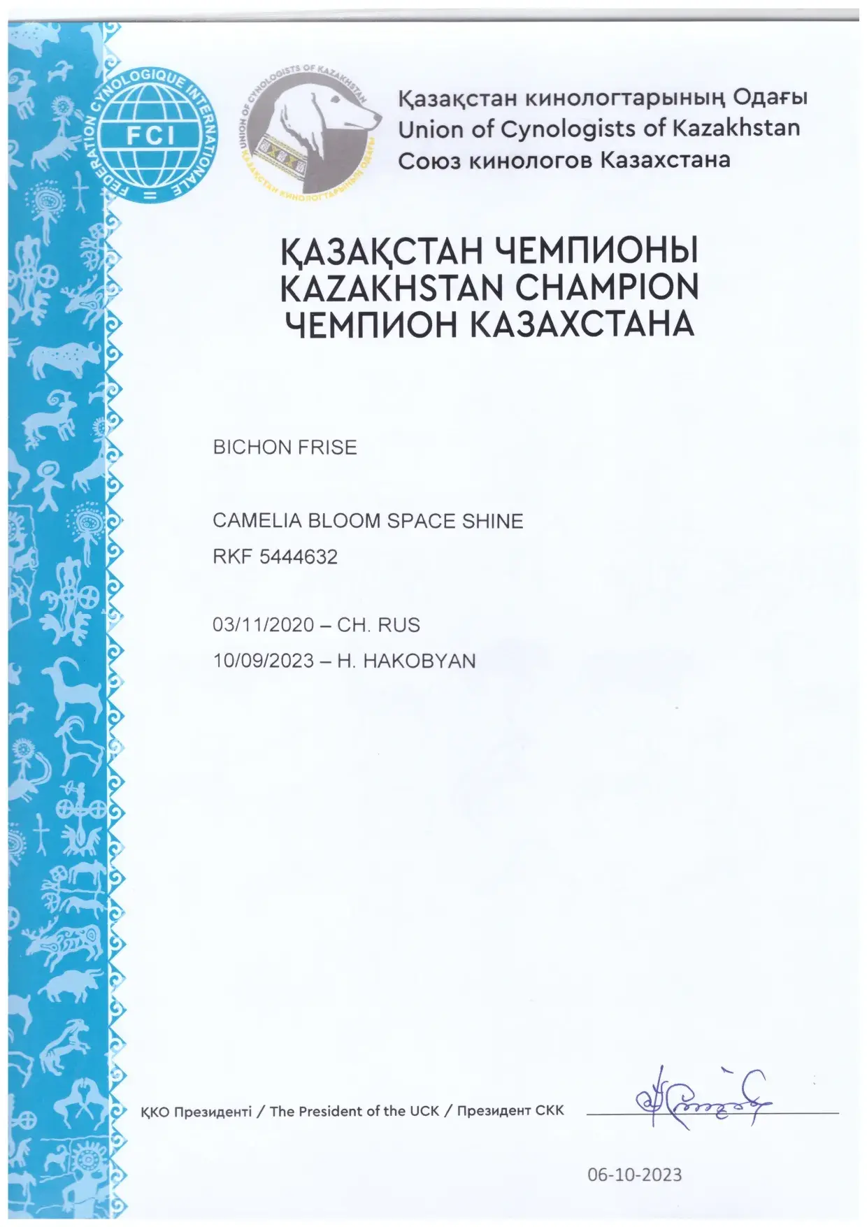 Диплом Бишон фризе Спайки Camelia Bloom Space Shine чемпион казахстана, питомник Агнелль де неж, 2023 год